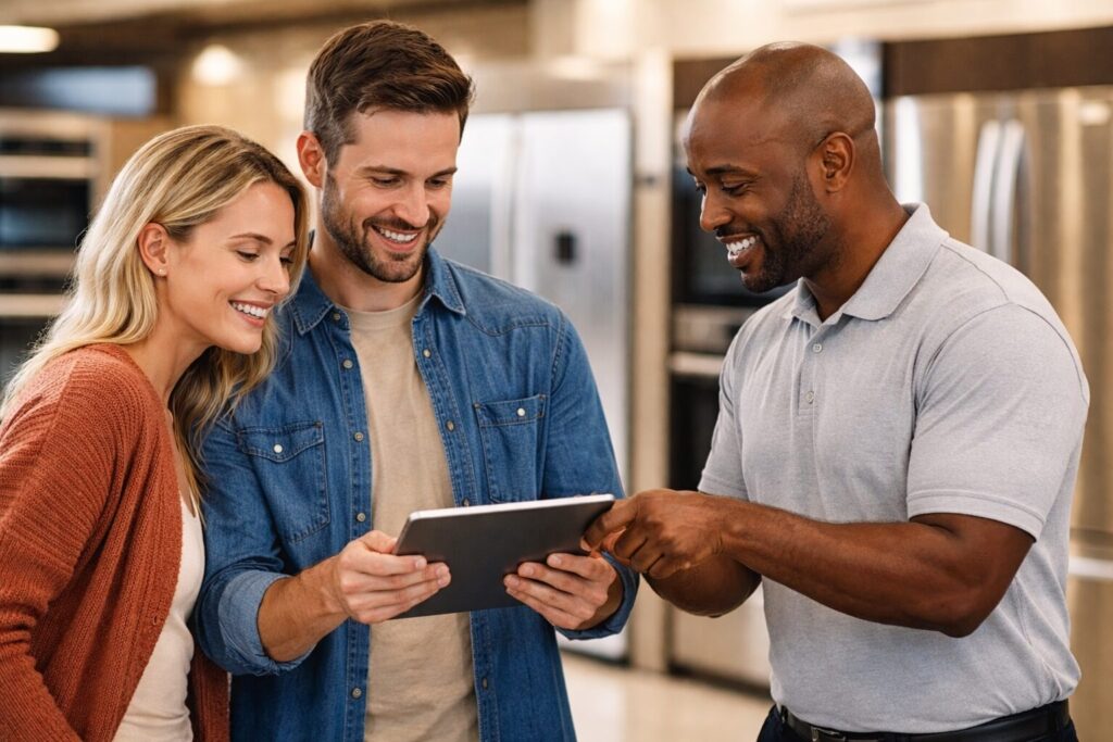 Homeowner and appliance technician discussing warranty details next to a modern kitchen appliance in a bright home