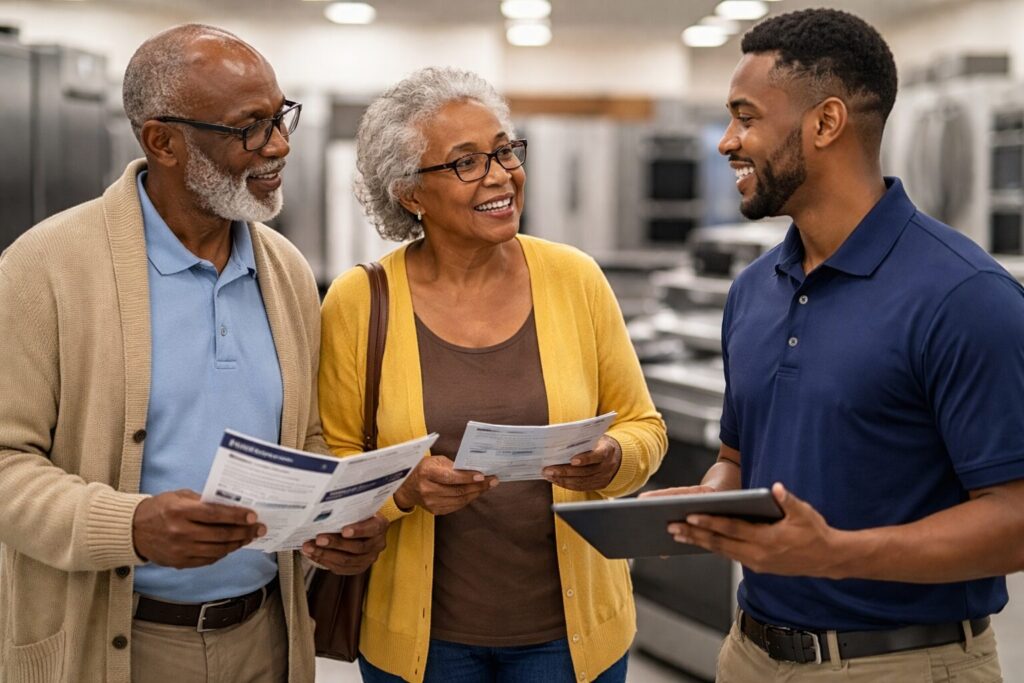 Black older couple discussing appliance warranty options with a sales associate in a modern appliance showroom