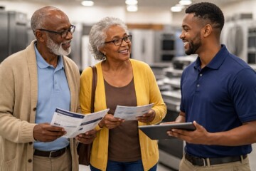 Black older couple discussing appliance warranty options with a sales associate in a modern appliance showroom