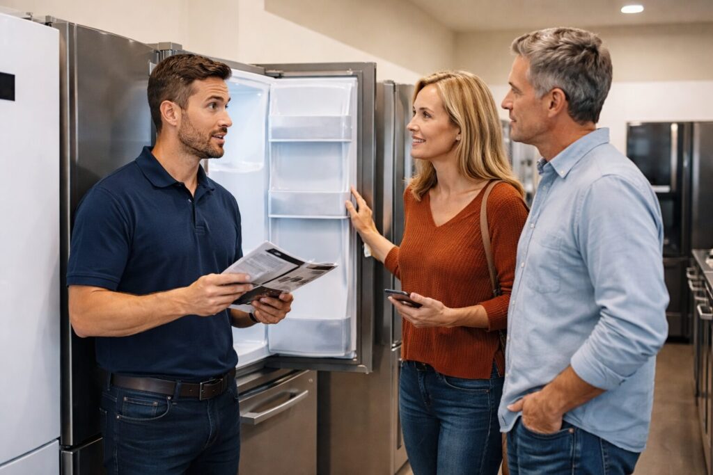 Appliance sales associate discussing warranty options with a middle-aged couple in a modern appliance showroom