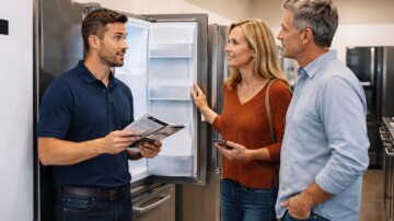 Appliance sales associate discussing warranty options with a middle-aged couple in a modern appliance showroom