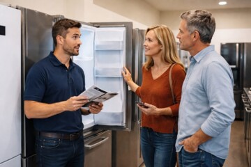 Appliance sales associate discussing warranty options with a middle-aged couple in a modern appliance showroom