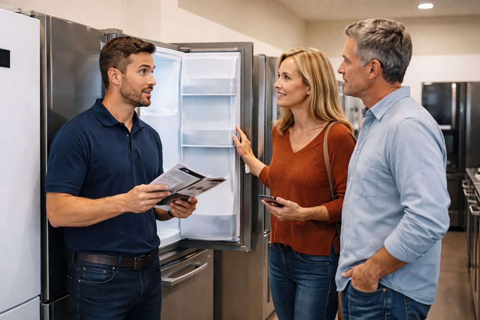 Appliance sales associate discussing warranty options with a middle-aged couple in a modern appliance showroom
