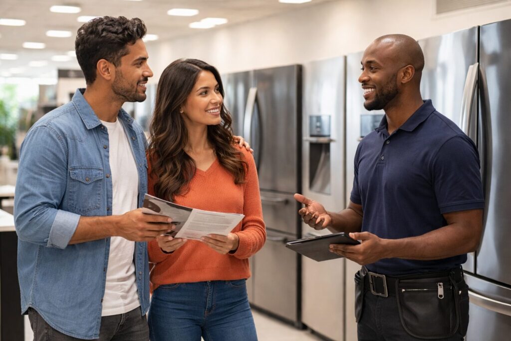 Diverse group of customers and sales associates interacting in a modern appliance showroom with washers and refrigerators