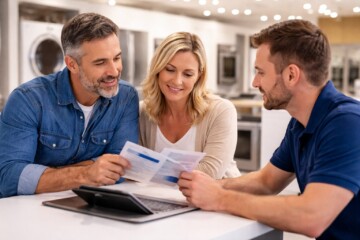 Appliance store associate explaining warranty options to a middle-aged couple in a modern showroom kitchen