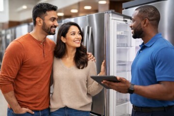 Diverse group of customers and sales associates interacting in a modern appliance showroom with refrigerators and washers
