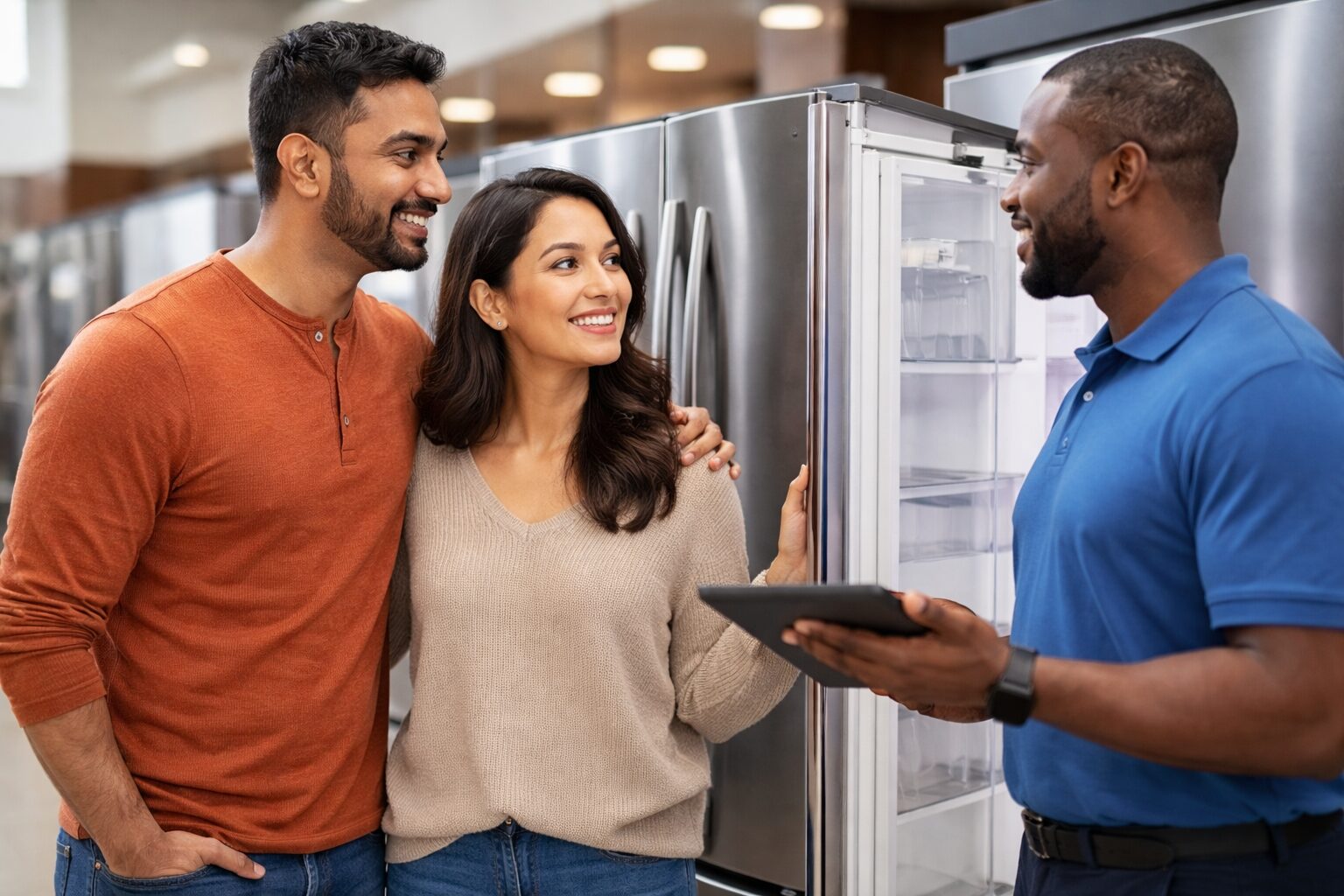 Diverse group of customers and sales associates interacting in a modern appliance showroom with refrigerators and washers