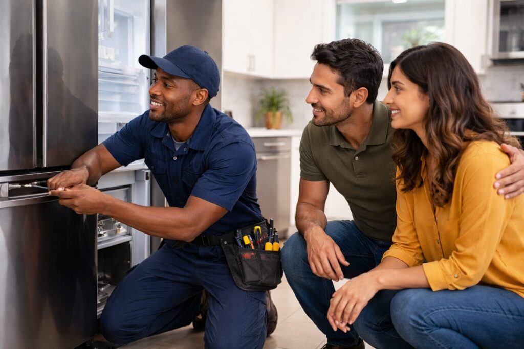 Appliance technician explaining repair details to a diverse couple in a modern kitchen with new appliances