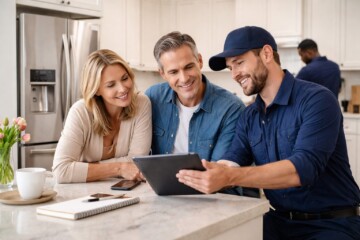 Appliance sales associate explaining warranty options to a middle-aged couple in a modern showroom kitchen