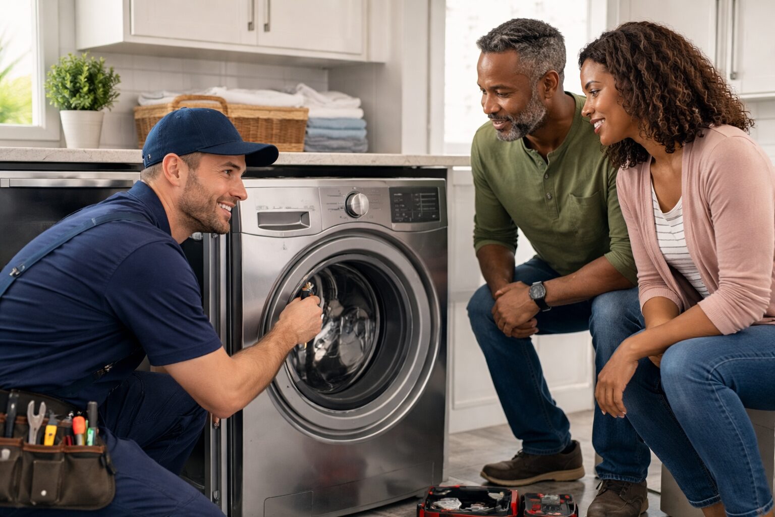 Appliance technician inspecting a modern washing machine in a bright home laundry room while homeowner watches nearby