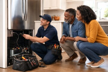 Appliance store technician inspecting a washing machine while customer watches in a modern laundry room setting