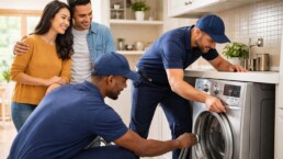 Diverse customers and sales associate discussing appliance warranty options in a modern appliance showroom