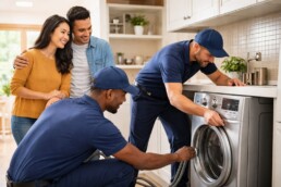 Diverse customers and sales associate discussing appliance warranty options in a modern appliance showroom