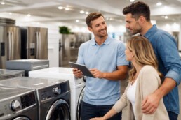 Salesperson assisting customer in appliance store showroom with modern refrigerator and oven on display