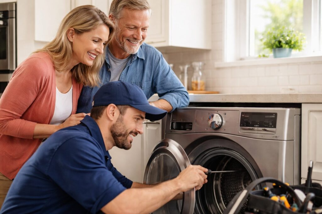 Homeowner smiling while an appliance technician repairs a modern kitchen dishwasher during a service visit