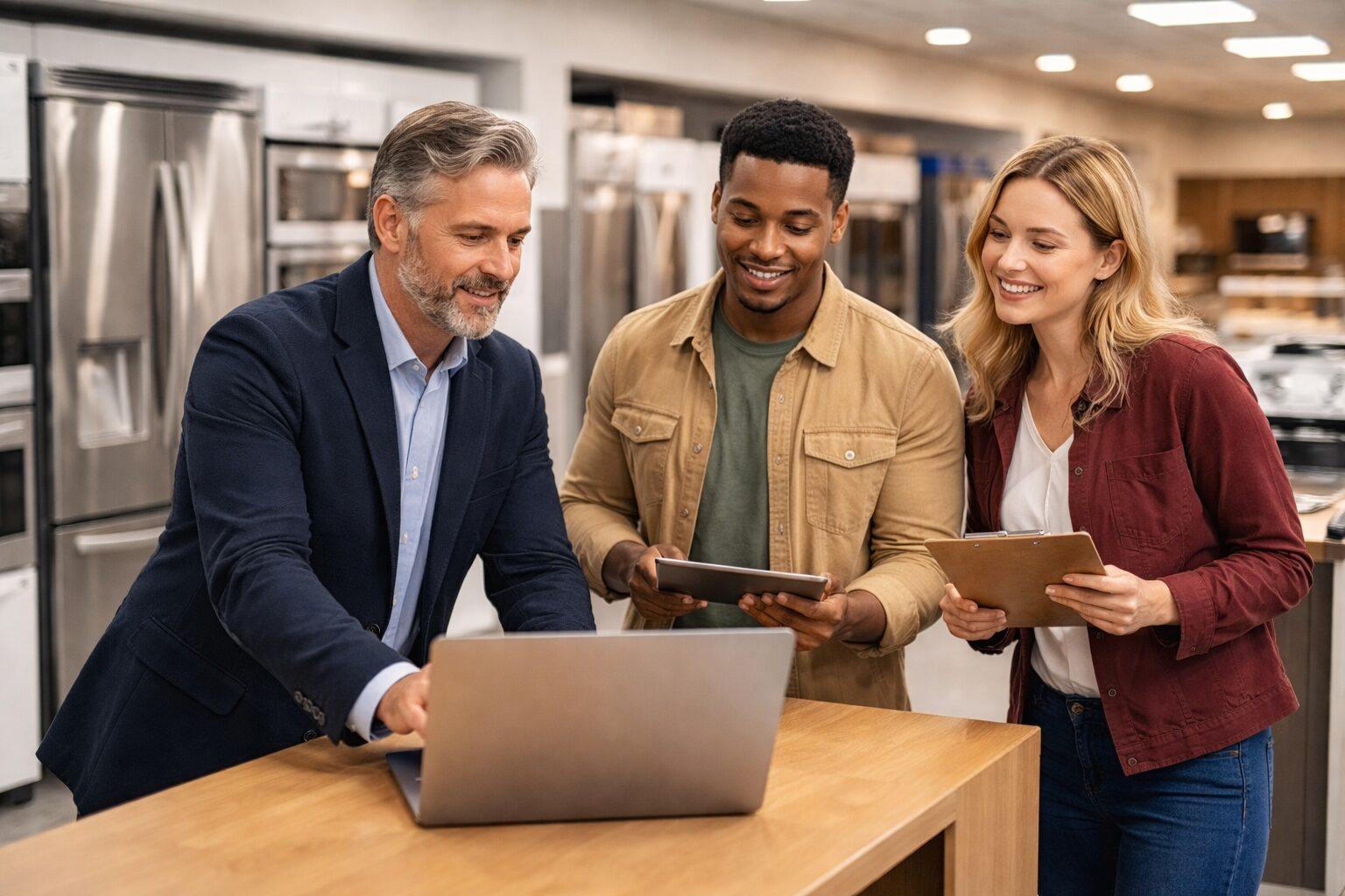 Appliance sales associate assisting a diverse couple shopping for a refrigerator in a modern showroom