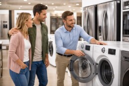 salesperson assisting customer with modern appliances in a bright appliance store showroom