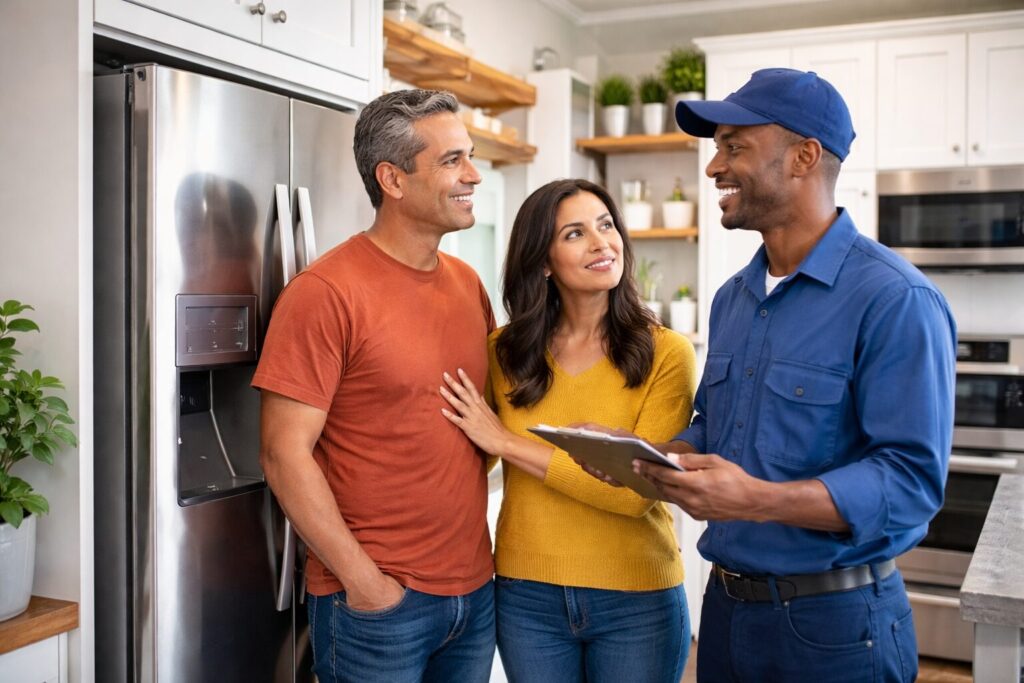 Multicultural family discussing appliance warranty options with a sales associate in a modern appliance showroom