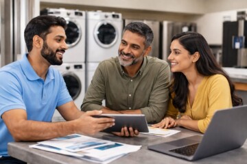 Brown couple shopping for modern kitchen appliances in a bright showroom with a sales associate assisting them