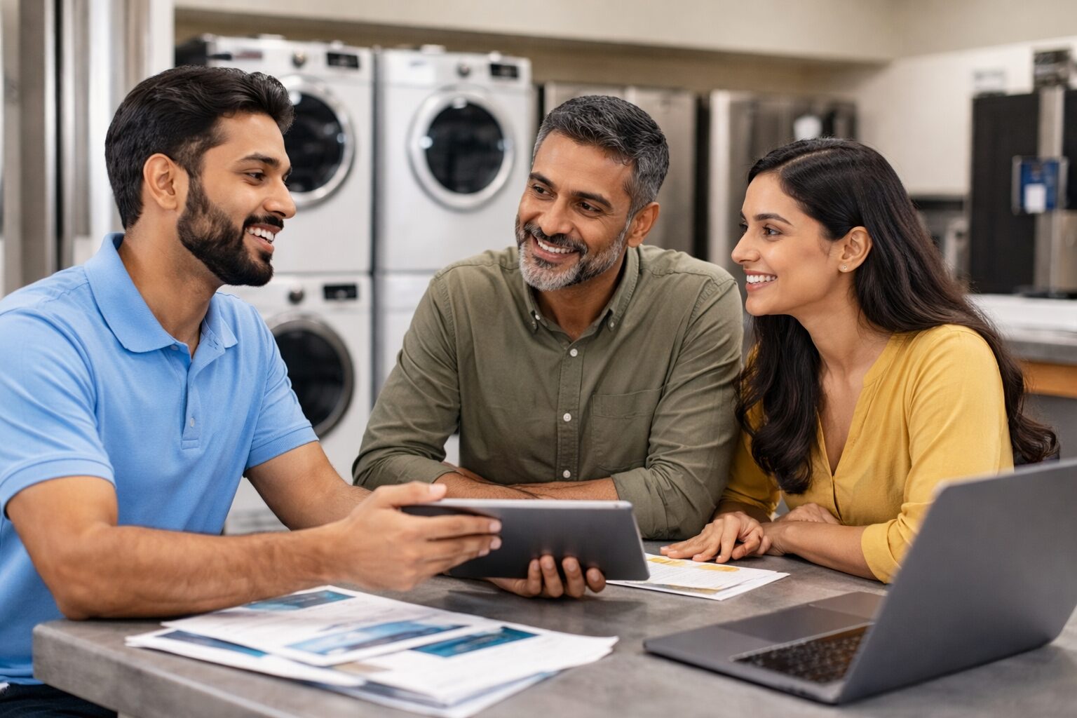 Brown couple shopping for modern kitchen appliances in a bright showroom with a sales associate assisting them