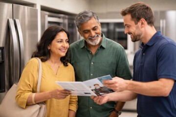 Older Brown couple reviewing appliance warranty brochures together in a modern kitchen with a new refrigerator nearby