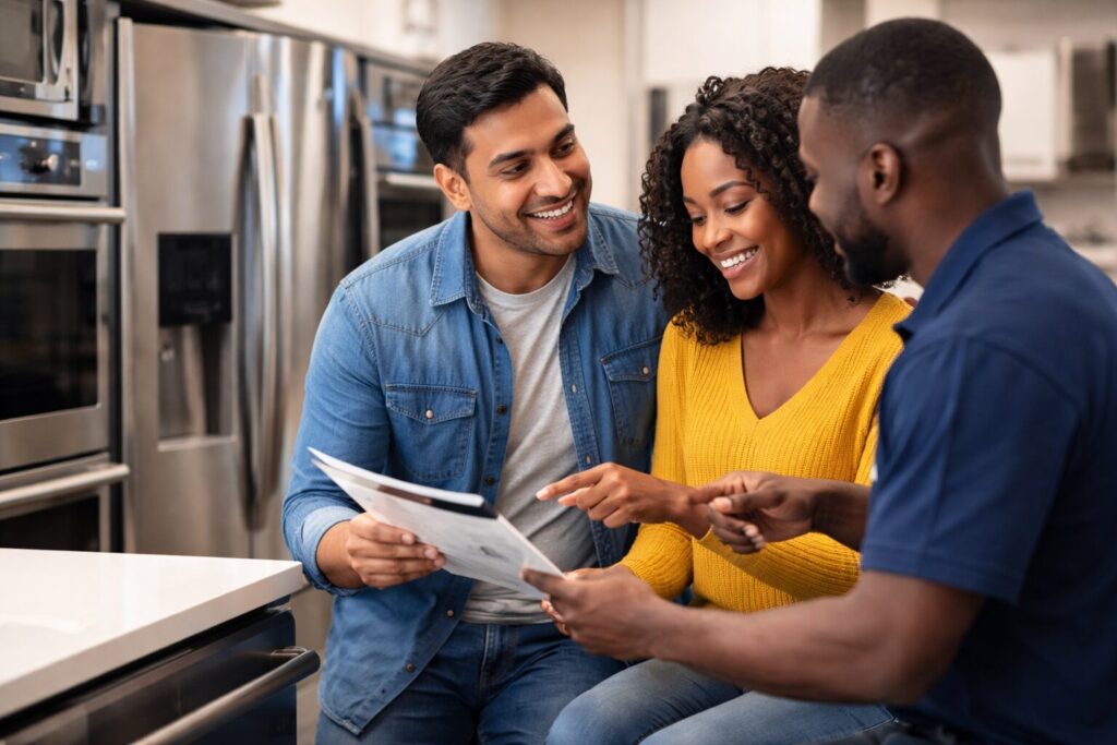 Diverse group of appliance sales associates assisting multicultural customers in a modern showroom with kitchen appliances