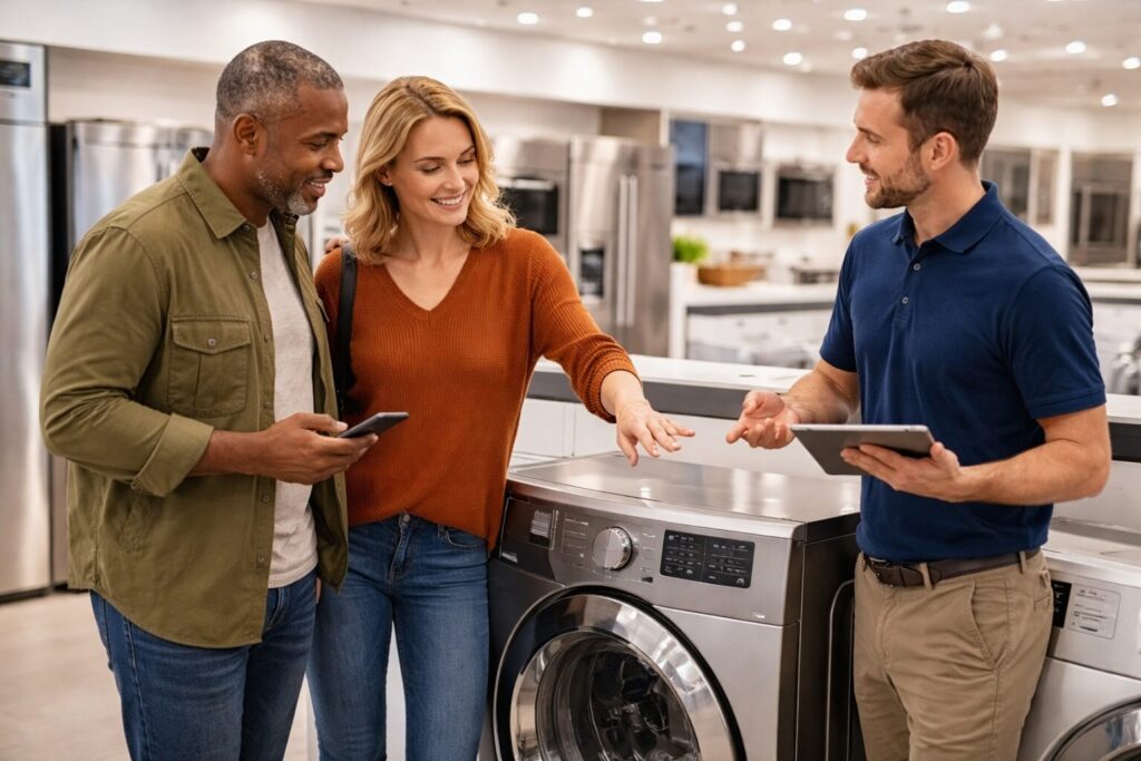 Appliance sales associate assisting a diverse couple shopping for a refrigerator in a modern showroom with natural