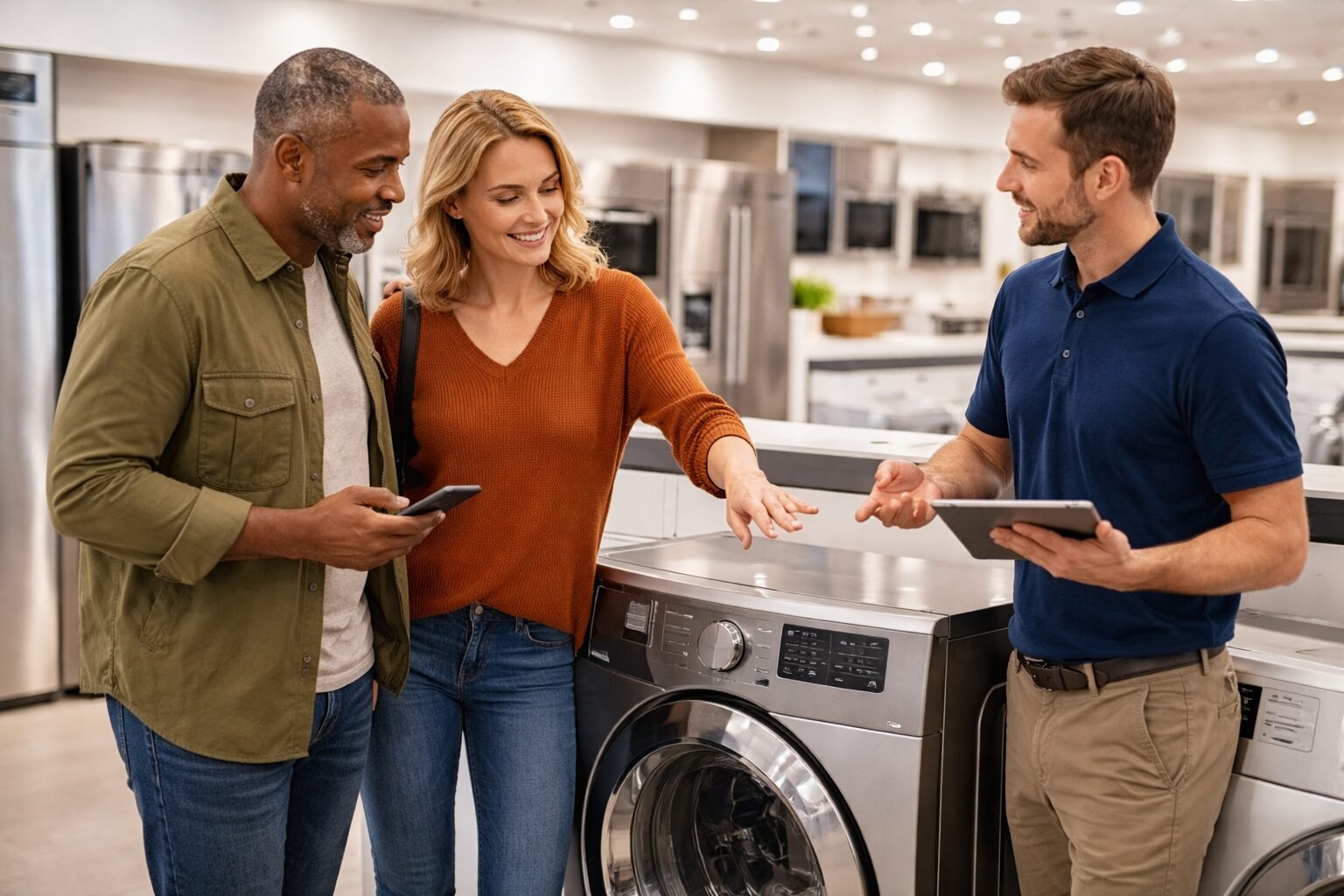 Appliance sales associate assisting a diverse couple shopping for a refrigerator in a modern showroom with natural