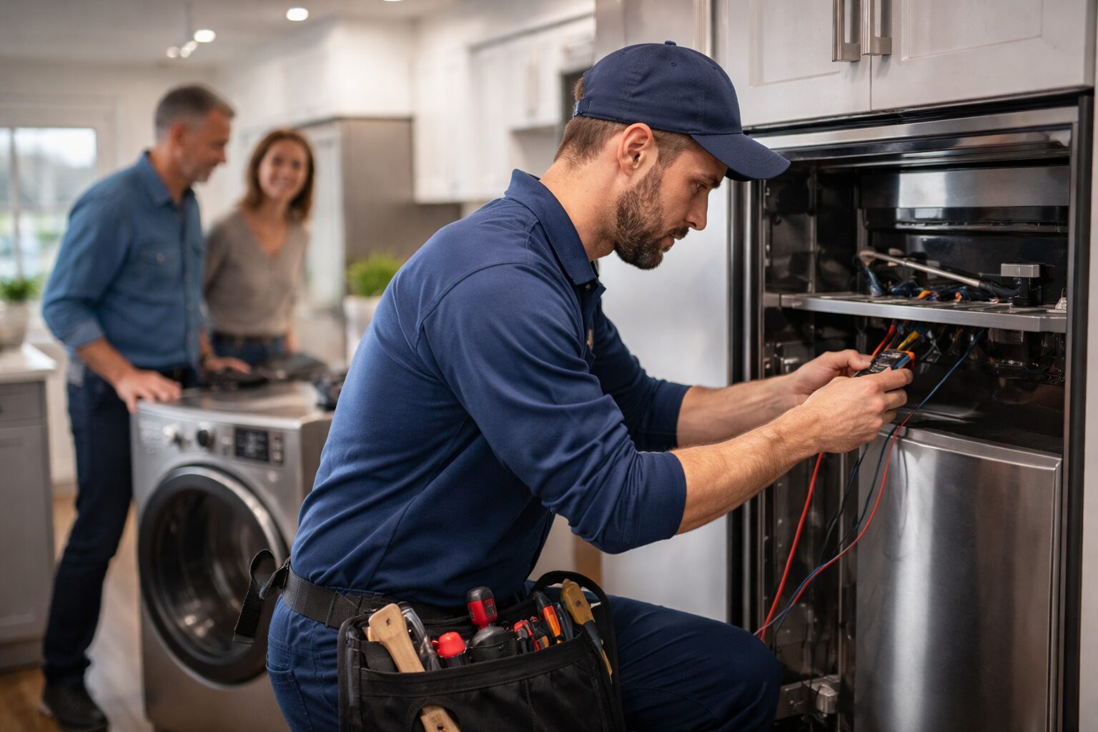 Appliance technician repairing a modern kitchen appliance while homeowner observes in a bright contemporary kitchen