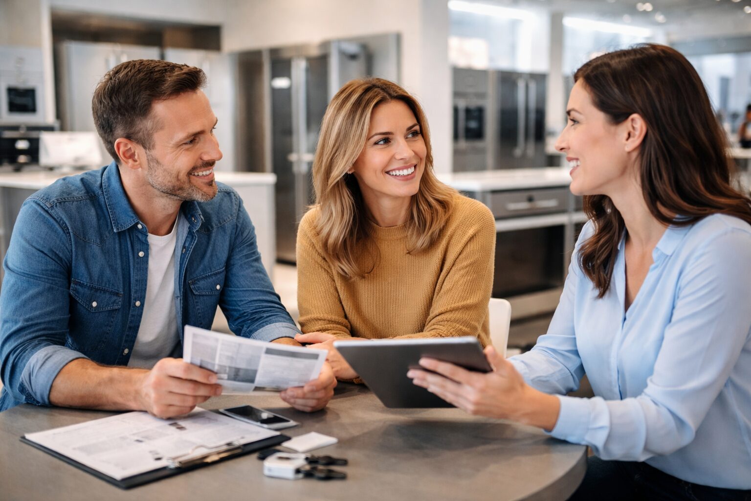 Appliance sales associate explaining warranty options to a middle-aged couple in a modern showroom with kitchen appliances