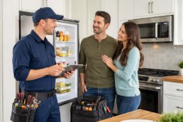 couple discussing appliance warranty options with sales associate in modern appliance showroom surrounded by kitchen