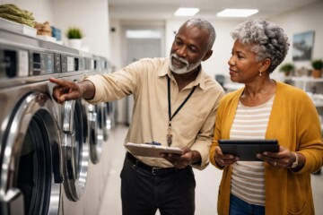 Black older adult couple examining a washing machine in a bright modern appliance showroom with a sales associate nearby