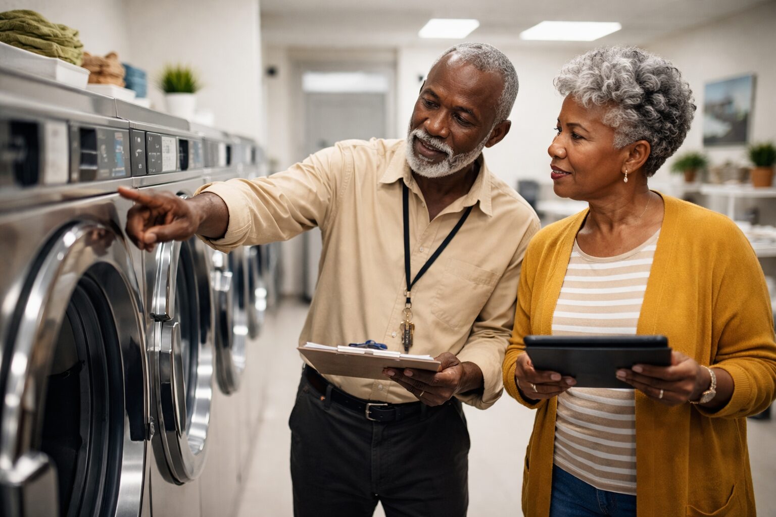Black older adult couple examining a washing machine in a bright modern appliance showroom with a sales associate nearby