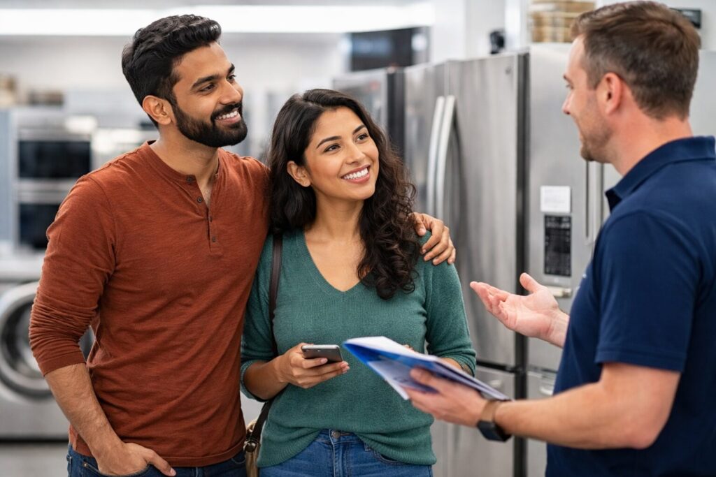 Diverse group of customers and sales associates interacting in a modern appliance showroom with various appliances visible