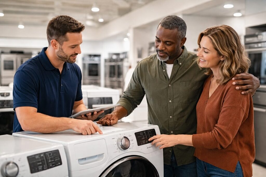 Appliance sales associate helping a middle-aged couple choose a refrigerator in a bright modern showroom