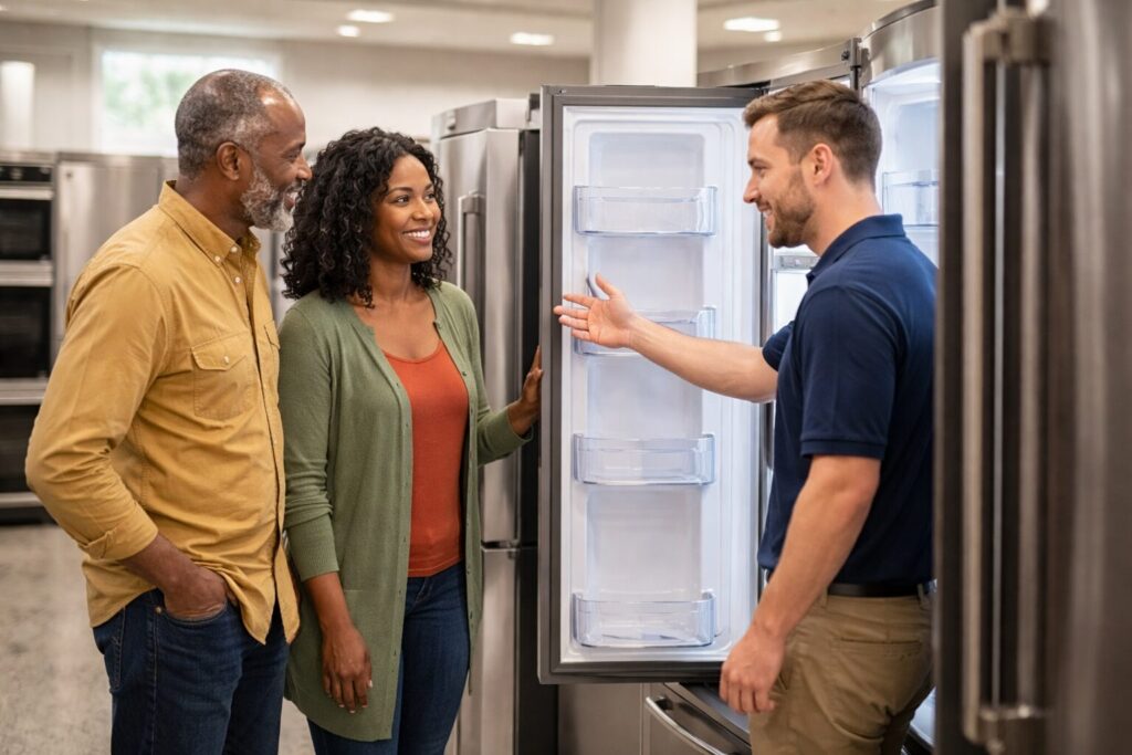 Diverse family discussing appliance replacement with a sales associate in a modern appliance showroom