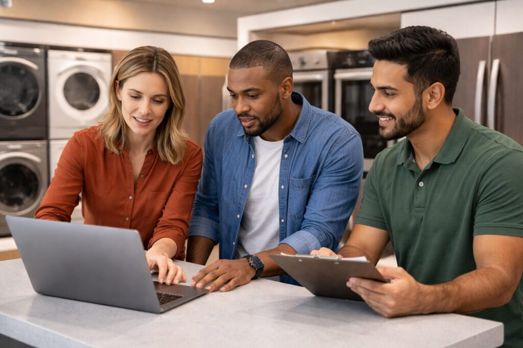 Appliance sales associate assisting a diverse group of customers with warranty options in a modern showroom setting
