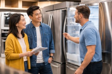 Diverse group of customers and sales associates interacting in a modern appliance showroom with washers and refrigerators