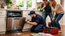 Homeowner discussing appliance warranty details with technician in modern kitchen near washing machine and refrigerator