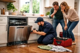 Homeowner discussing appliance warranty details with technician in modern kitchen near washing machine and refrigerator