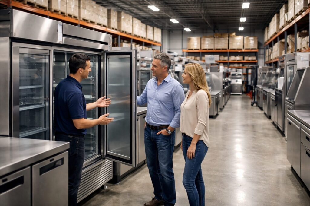 commercial appliance showroom with staff assisting customers and rows of modern equipment on display in organized space