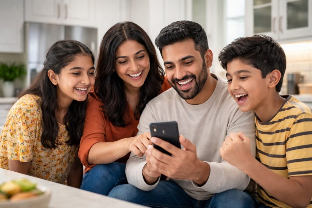 Brown family in modern kitchen smiling while checking a smartphone notification about appliance repair approval