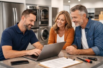 Appliance retailer assisting a middle-aged couple with warranty claim paperwork in a modern kitchen showroom