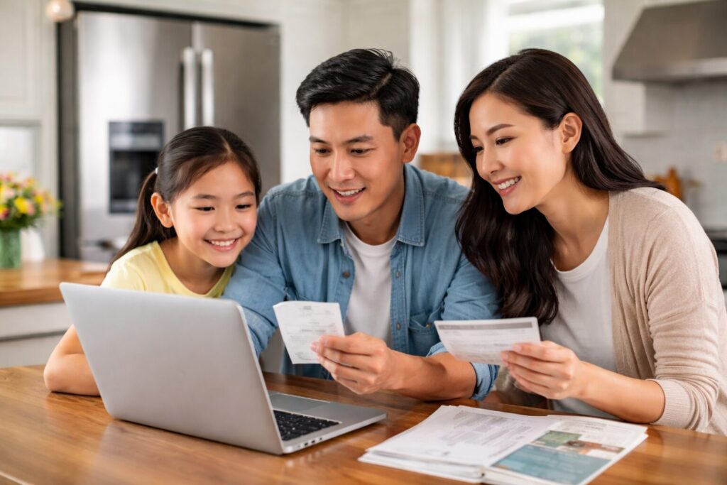 Asian family in modern kitchen registering appliance warranty on laptop together with appliance box nearby