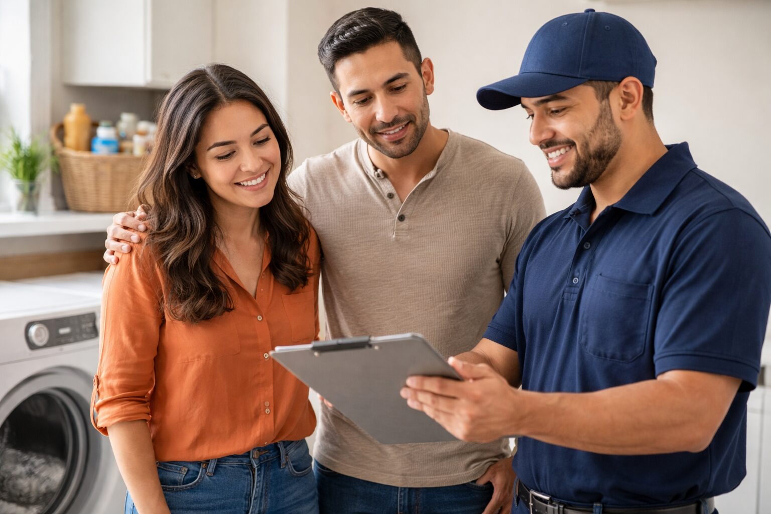 Hispanic couple smiling while an appliance technician installs a new dishwasher in their modern kitchen