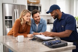 couple discussing appliance warranty options with sales associate in modern appliance showroom surrounded by kitchen