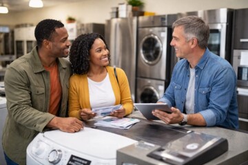 Appliance sales associate assisting a middle-aged couple in a modern showroom with kitchen appliances on display