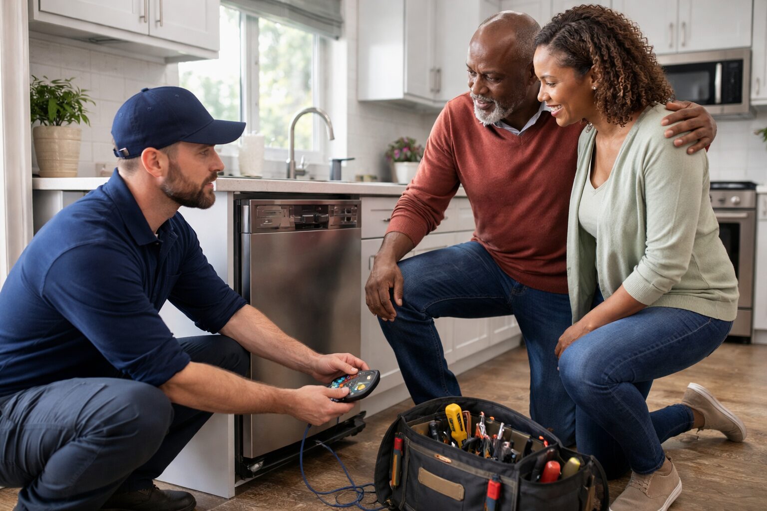 Appliance technician explaining diagnostic results to a homeowner in a modern kitchen during a service visit