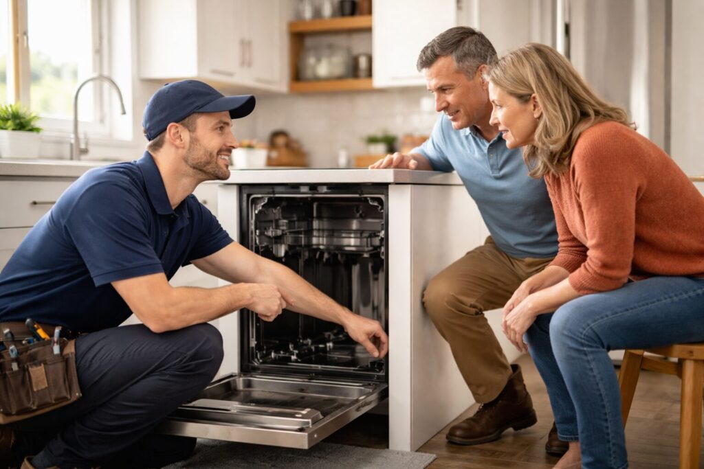 Homeowner speaking with appliance technician in modern kitchen while discussing appliance repair options