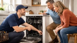 Homeowner speaking with appliance technician in modern kitchen while discussing appliance repair options